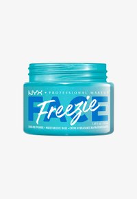 Aqua-kleurige pot met een schroefdop. Label heeft vetgedrukte blauwe tekst met de vermelding "Freezie" en beschrijvingen van een verkoelende primer en moisturizer.