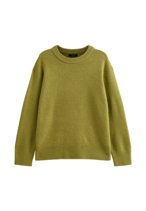 Maglione verde in maglia realizzato in tessuto morbido, con collo rotondo, orlo a coste e design a spalla cadente.