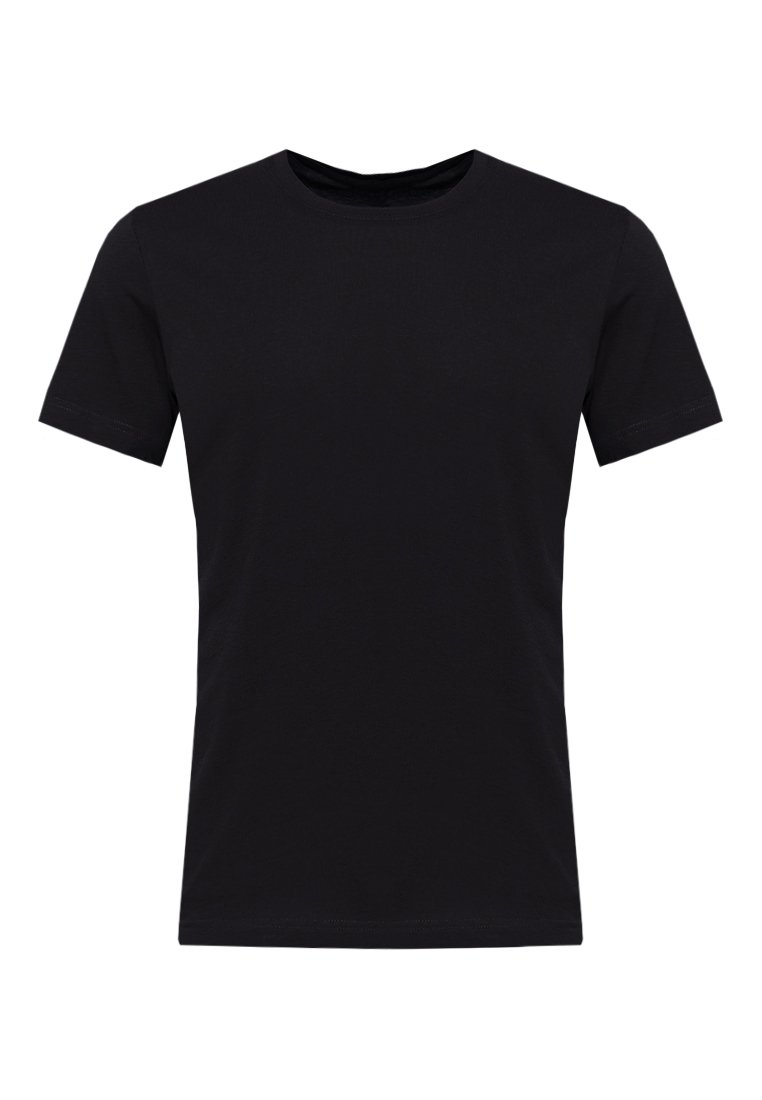 T-shirt nera a maniche corte in cotone. Presenta un collo rotondo e un design semplice e privo di decorazioni con una texture liscia.