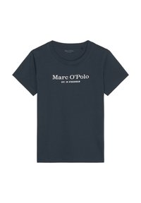 Navy blue cotton t-shirt with a crew neckline and short sleeves. White text reads "Marc O’Polo EST. IN STOCKHOLM" on the front.
