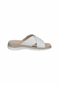 Mules en cuir blanc avec un design de sangles entrecroisées, semelle intérieure rembourrée et semelle en caoutchouc avec des accents gris clair.