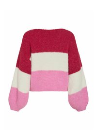 Maglione lavorato a maglia con bold righe orizzontali in rosso, bianco e rosa. Ampie maniche a palloncino e design cropped. Texture morbida.