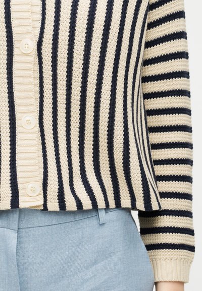 Béžový a čierny svetrom pletený kardigán s vertikálnymi pruhmi a bielymi gombíkmi, v páre s svetlomodrými nohavicami.