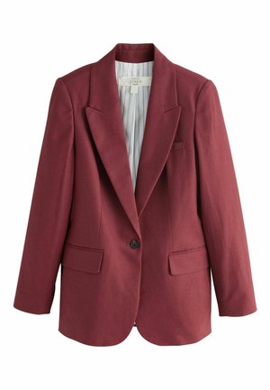 Sacou burgundy cu un singur nasture, mâneci lungi, revere cu decupaje, buzunare cu clape și captuseală interioară cu dungi.