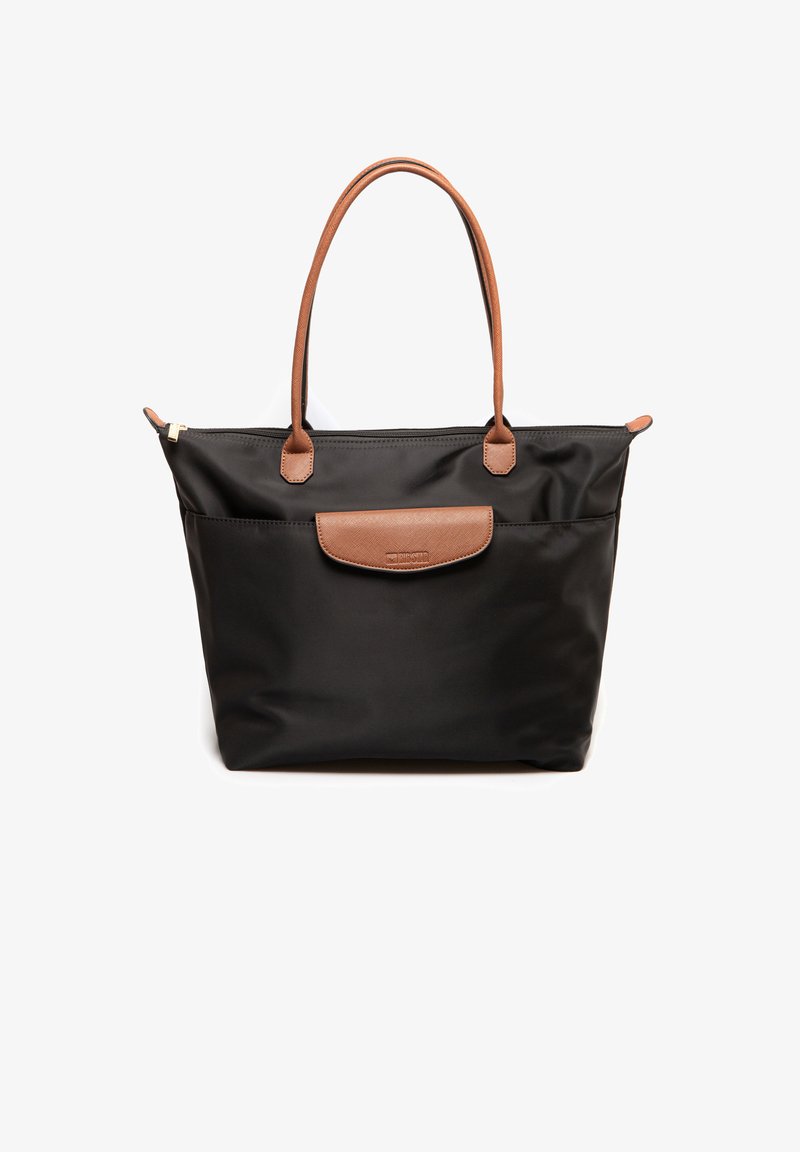 Melnas neilona iepirkumu soma ar brūniem ādas akcentiem, kas aprīkota ar divām rokturiem un rāvējslēdzēju. Priekšējā kabata ar atloku un logotipa detaļu.