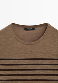 Pull en maille marron avec encolure ronde et rayures horizontales marron foncé sur la poitrine, étiqueté Massimo Dutti.