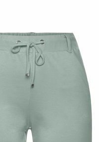 Lichtgroene joggingsbroek met een trekkoord in de taille, voorzien van metalen oogjes en strik einden in zilverkleur. Glad textuur, elastisch materiaal.