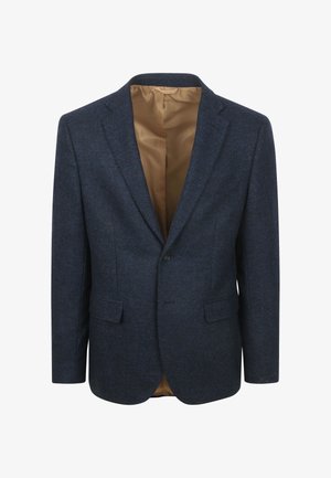 Navy herringbone blazer with two front pockets, notch lapels, single button closure, and a tan satin lining inside.