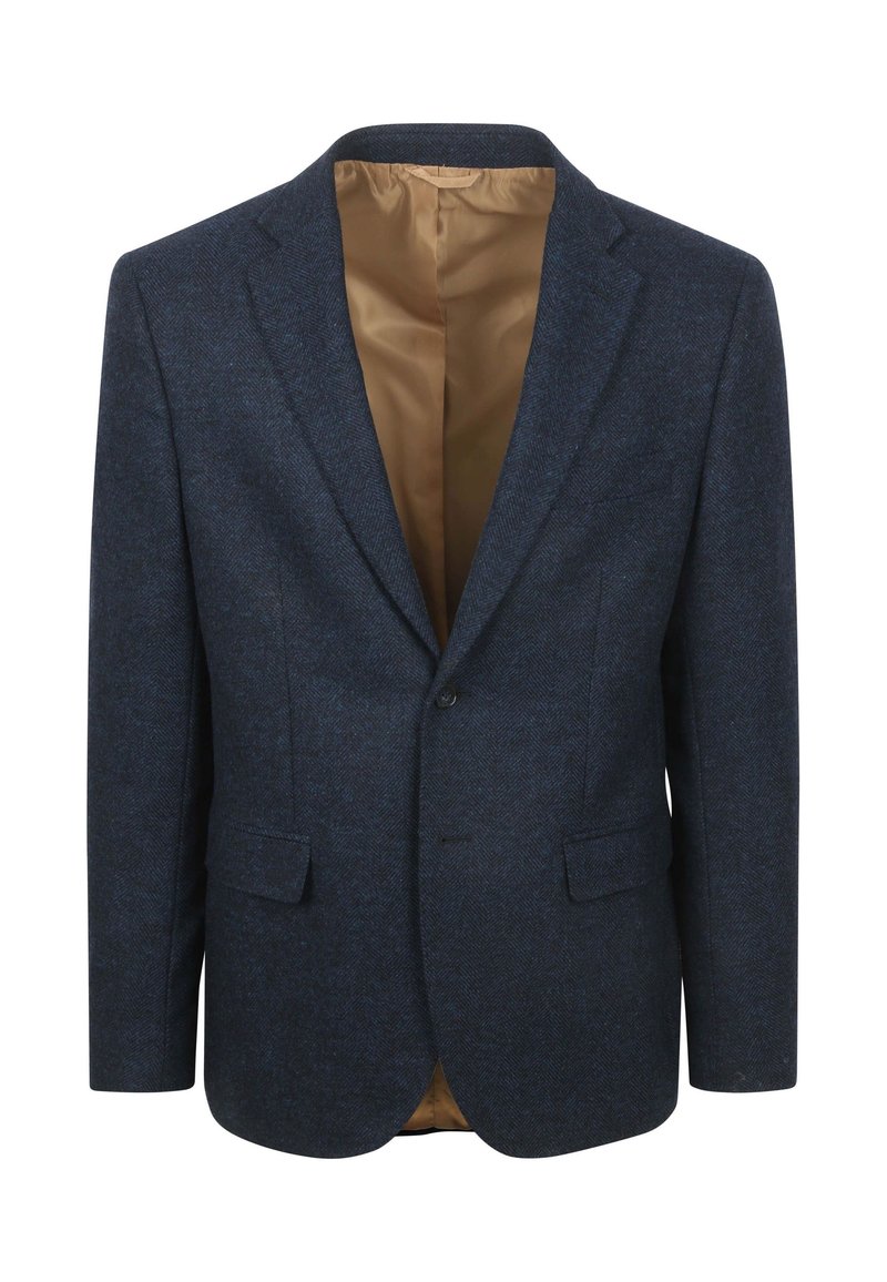 Marineblauwe visgraat blazer met twee voorzakken, notch revers, enkele knoopsluiting en een tan satin voering aan de binnenkant.
