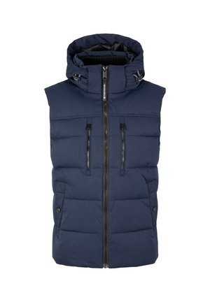 Granatowa pikowana kamizelka bez rękawów z kapturem, zapinana na zamek z przodu, z dwoma pionowymi kieszeniami na zamek oraz dwoma bocznymi kieszeniami na zatrzaski.
