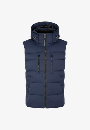 Marineblauwe gewatteerde mouwloze capuchonvest met rits aan de voorkant, twee verticale ritszakken en twee zijzakken met drukknopen.