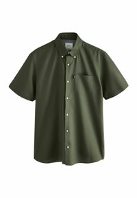 Chemise à manches courtes en coton vert foncé. Dotée d'une poche poitrine et d'une petite étiquette logo, avec des boutons blancs et un col.