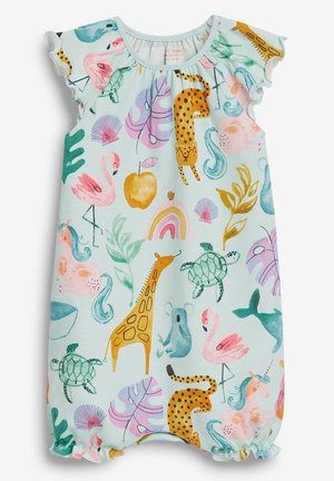 Barboteuse bébé bleu clair sans manches avec épaules à volants, arborant un imprimé coloré d'animaux et de plantes dans divers tons et motifs.