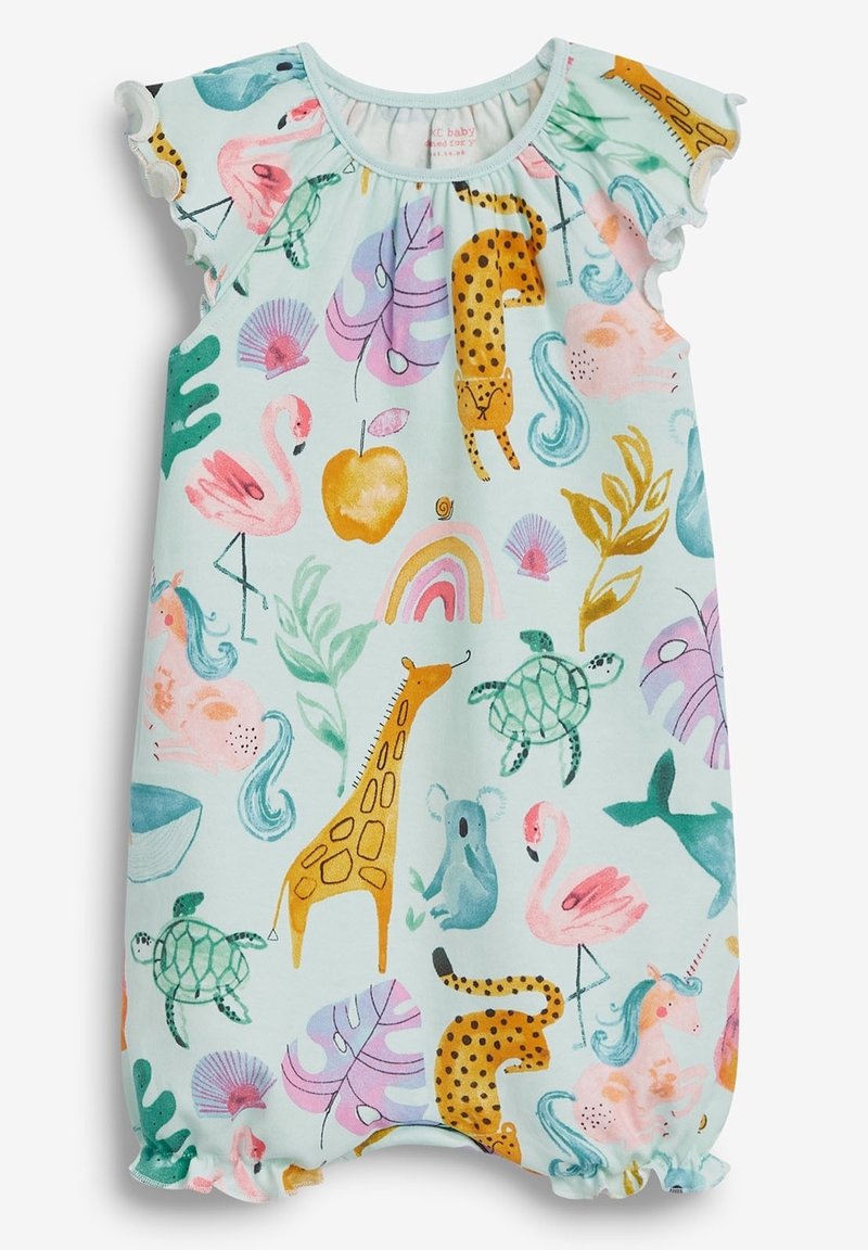 Barboteuse bébé bleu clair sans manches avec épaules à volants, arborant un imprimé coloré d'animaux et de plantes dans divers tons et motifs.