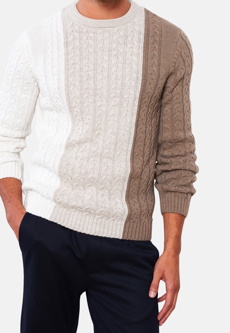Homme portant un pull en maille torsadée avec des panneaux verticaux en blanc, beige clair et marron, associé à un pantalon foncé.