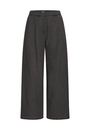 Pantaloni a gamba larga in tessuto grigio scuro, dotati di un elastico in vita, pieghe frontali e taglio dritto. Texture liscia senza motivi visibili.