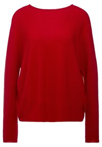 Pull en tricot rouge avec un col rond, des manches longues et des fentes latérales. La texture est douce et légèrement ample.