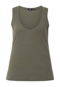 Olivgrünes ärmelloses Tanktop mit tiefem V-Ausschnitt, gerippter Textur und kontrastierenden pinken Seiteneinsätzen. Einfaches, lässiges Design.