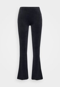 Black flared pants made of soft fabric with a smooth texture. Features a simple waistband and a small logo detail on the back.