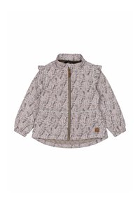 Hellrosa Jacke mit Blumenmuster, langen Ärmeln, hohem Kragen, Reißverschluss vorne und gerüschten Schulterakzenten. Verfügt über Paspelierungen und ein Logo-Patch.