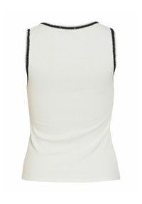 Haut blanc sans manches avec bordure noire le long de l'encolure et des emmanchures, vu de dos sur un fond blanc uni.
