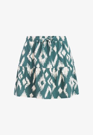 Zielona i biała spódnica we wzory z wielowarstwowym krojem, elastycznym pasem i sznurkiem do wiązania. Posiada nadruk w stylu ikat oraz teksturowany materiał.