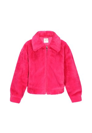 Cappotto in finta pelliccia rosa brillante con colletto ampio, zip frontale e maniche lunghe, esposto su uno sfondo bianco.