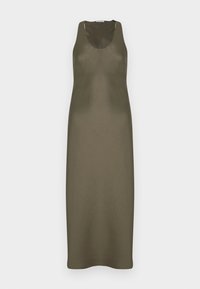 Rochie maxi fără mâneci, de culoare verde măsliniu, cu decolteu rotund, realizată dintr-un material neted, cu o siluetă ajustată și tiv drept.