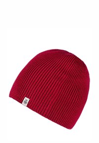 Red knitted beanie with a ribbed texture, designed to fit snugly. Features a small white fabric tag with a logo on the side.