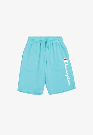Shorts en coton turquoise avec une taille élastique, cordon de serrage réglable et logo « Champion » blanc sur le côté gauche.