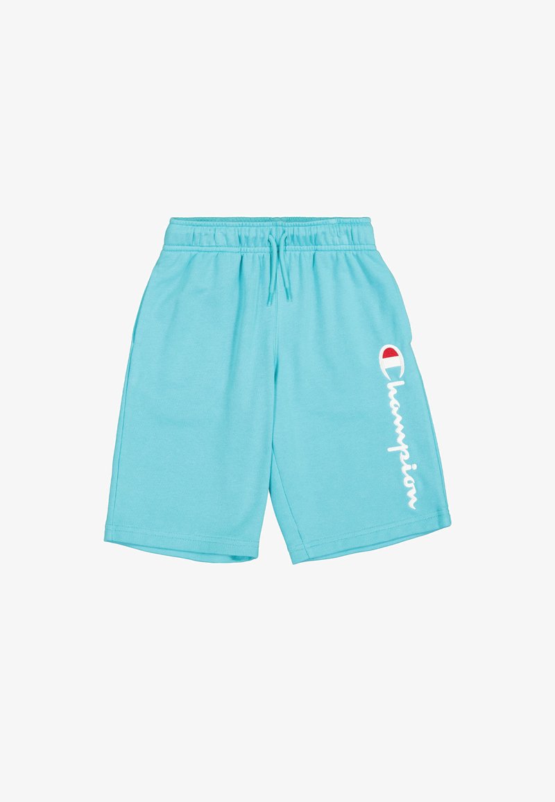 Tyrkysové bavlněné šortky s elastickým pasem, nastavitelnou šňůrkou a bílým logem "Champion" na levé straně.