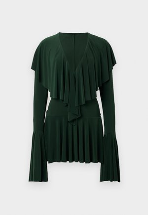 LONG SLEEVE DEEP V RUFFLE DRESS - Denné šaty - dark emerald
