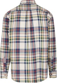 Langärmeliges kariertes Hemd mit einer Mischung aus grünen, blauen, roten und gelben Streifen auf einem weißen Hintergrund, von hinten gezeigt.