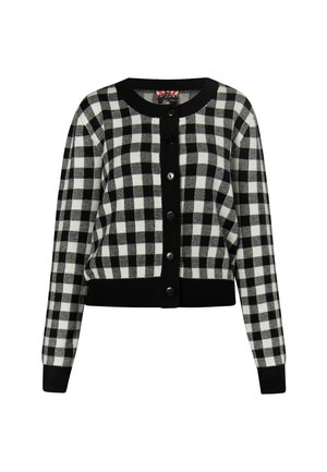 Fekete-fehér kockás kardigán hosszú ujjal, kerek nyakkal, gombos záródással, fekete ribbelt szegéllyel az ujjak és az alján. Puha kötött textúra.