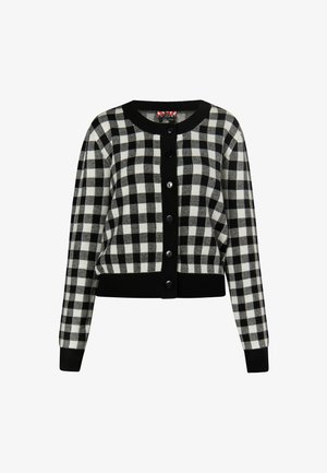 Fekete-fehér kockás kardigán hosszú ujjal, kerek nyakkal, gombos záródással, fekete ribbelt szegéllyel az ujjak és az alján. Puha kötött textúra.