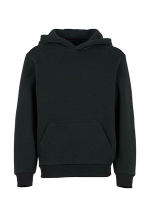 Sweatshirt à capuche noire en tissu doux, avec une poche kangourou, des poignets et un ourlet côtes, et une coupe décontractée.