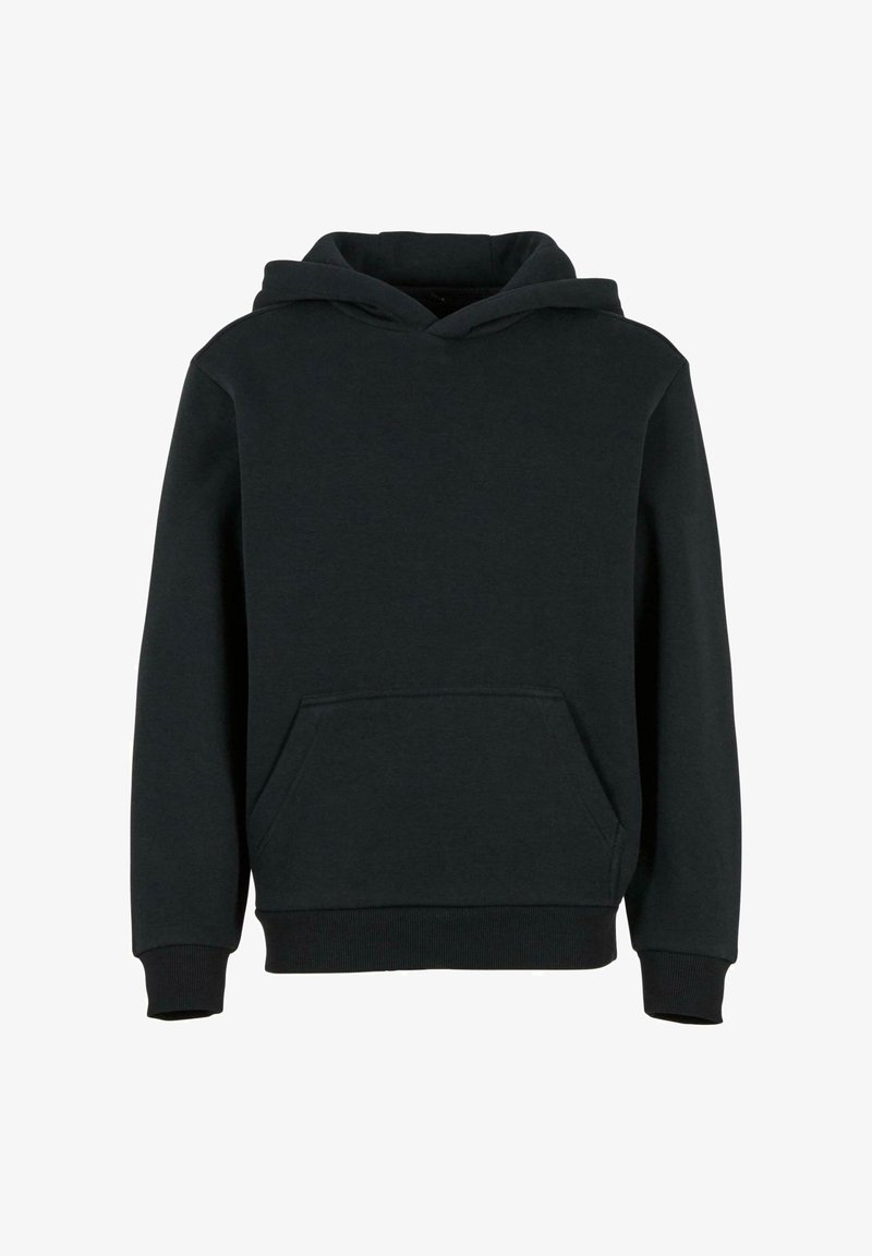 Sweatshirt à capuche noire en tissu doux, avec une poche kangourou, des poignets et un ourlet côtes, et une coupe décontractée.