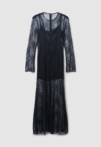 Robe en dentelle noire à manches longues, avec une couche intérieure ajustée et une couche extérieure transparente. Design longueur maxi avec un délicat motif en dentelle et fermeture éclair.