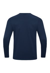Marineblauwe shirt met lange mouwen en ronde hals, gemaakt van textuurstof, met een gladde afwerking en een gebogen zoom.