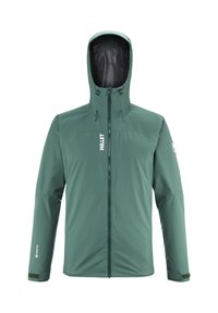 Veste verte imperméable avec un col haut et une capuche attachée. Dotée d'une fermeture éclair frontale complète et de manches ajustables. Fabriquée en matériau GORE-TEX.