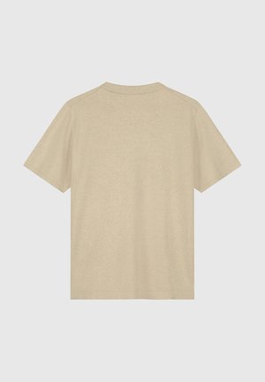 Beige short-sleeve t-shirt, made of soft fabric with a smooth texture. Features a classic crew neckline and straight cut without patterns.