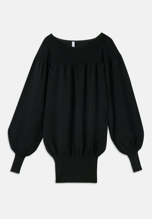 Schwarzer Oversize-Pullover aus weichem Stoff. Verfügt über einen breiten Ausschnitt, lange Ballonärmel und einen gerippten Saum mit gesammelten Akzenten.