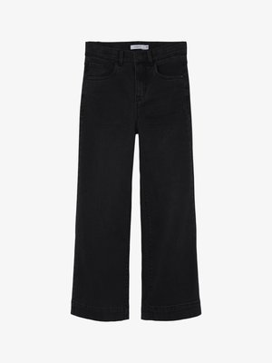 Jeans neri a gamba larga realizzati in denim, con vita media, cinque tasche e chiusura a bottone classica.