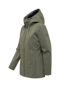 Vaaleanvihreä naisten huppari, jossa on etuvetoketju, kiristysnauha hupussa, sivutaskut ja pitkät hihat. Takana valkoinen tausta.