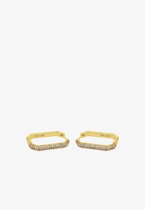 Boucles d'oreilles anneaux hexagonaux en ton or avec deux rangées de petits cristaux clairs le long des bords avant et une fermeture à charnière.