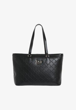 Borsa tote in pelle nera con motivo trapuntato, due spallacci e logo "byblos" dorato al centro frontale.