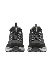 Schwarze Wanderschuhe mit einem strukturierten Obermaterial aus Gewebe, grauen Mesh-Akzenten und einer robusten Sohle. Mit kontrastierenden Schnürsenkeln und Zugschlaufen für einfaches Anziehen.
