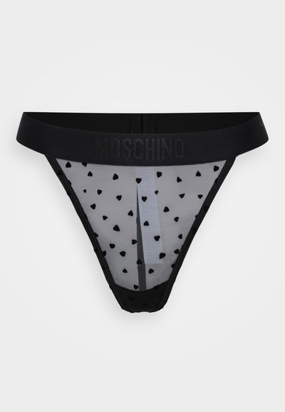 Zwarte slip met een sheer mesh voorkant met kleine zwarte hartpatronen, een solide tailleband met het "Moschino"-logo en een minimalistisch ontwerp.