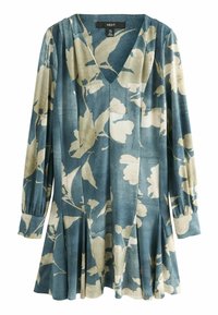Kukallinen mekko, jossa on V-pääntie, pitkät hihat ja laskostettu hame. Kangas on teksturoitu sinisen, kermaisen ja pehmeän beigen sävyillä.