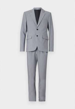 Gray two-piece suit with a textured finish, single-breasted jacket, notch lapels, two front pockets, and tapered trousers with crease.